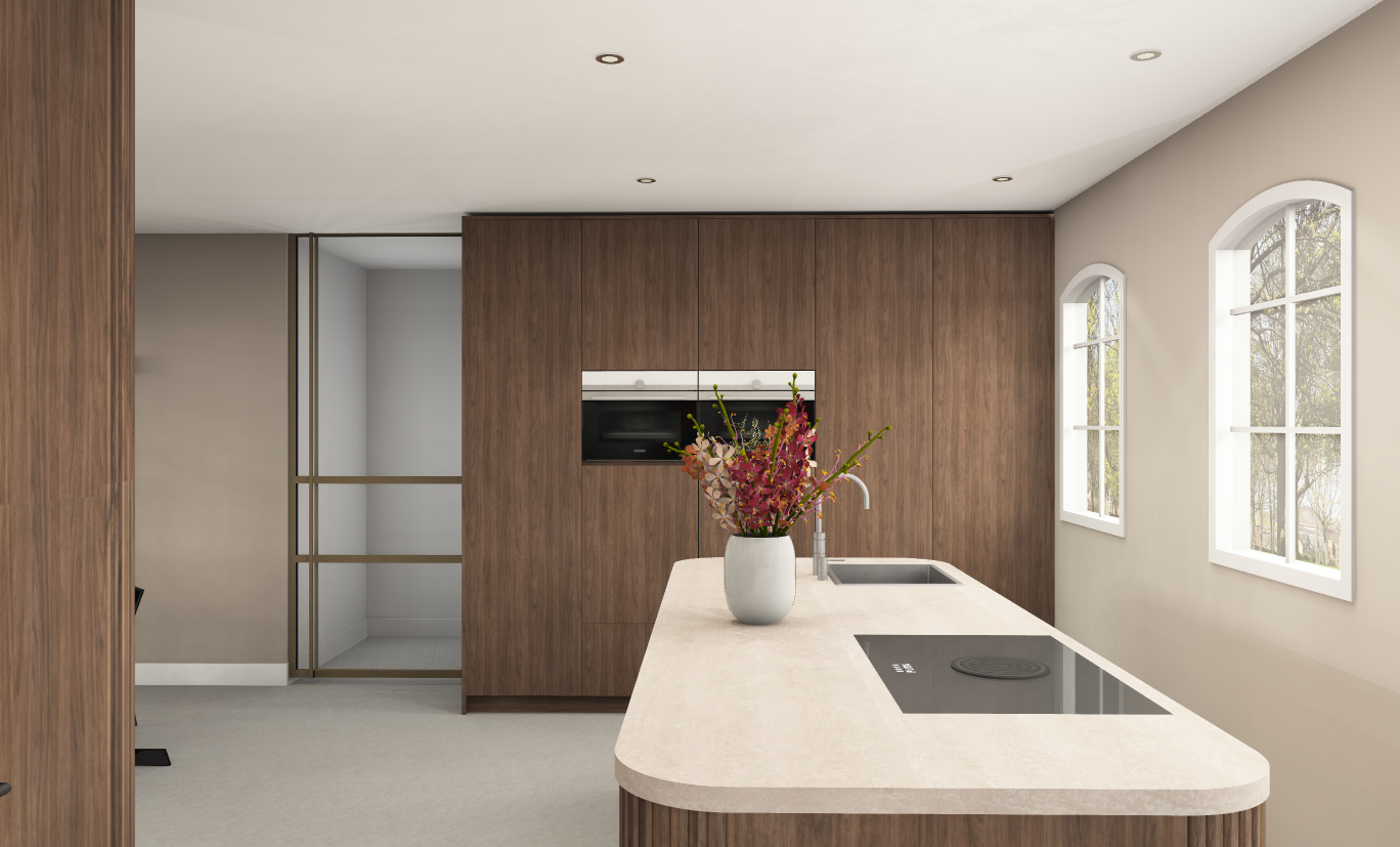 3D render van een maatwerk keuken, interieurontwerp door Bestra